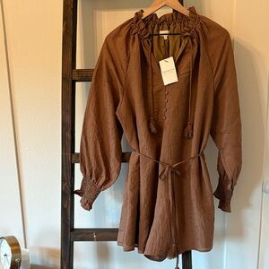 Brown Long-Sleeve Romper/shorts with Tassels & pockets